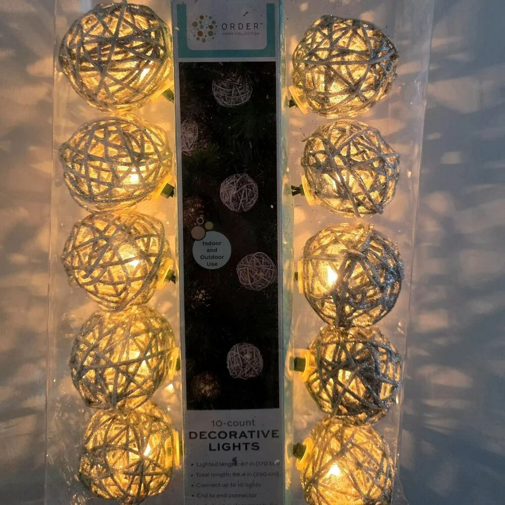 New Rattan Ball String Lights Silver Glitter 10 Bulbs Rustic Orb Holiday Patio